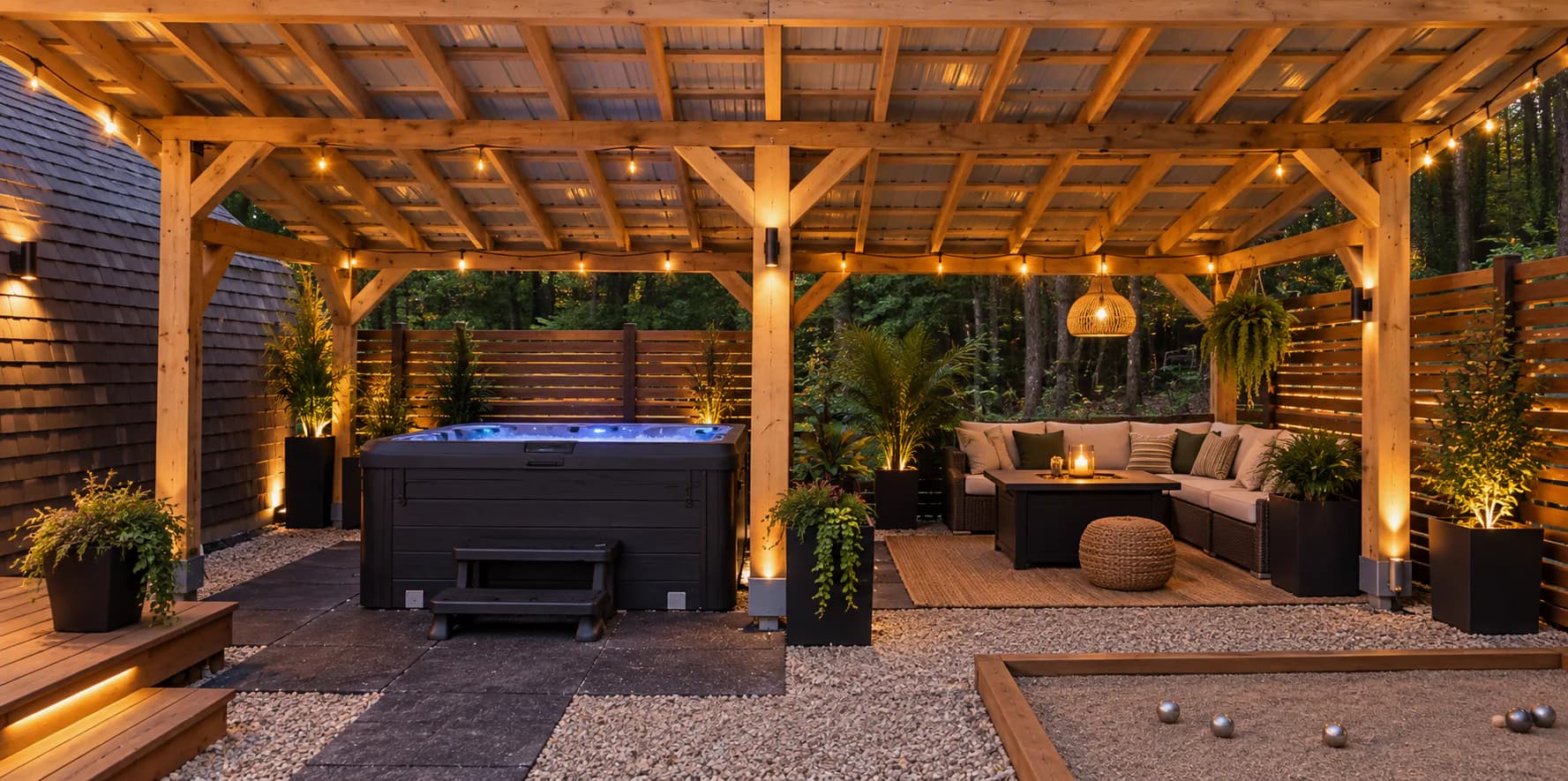 Gazebo en bois éclairé au crépuscule, aménagé avec un spa et un salon extérieur